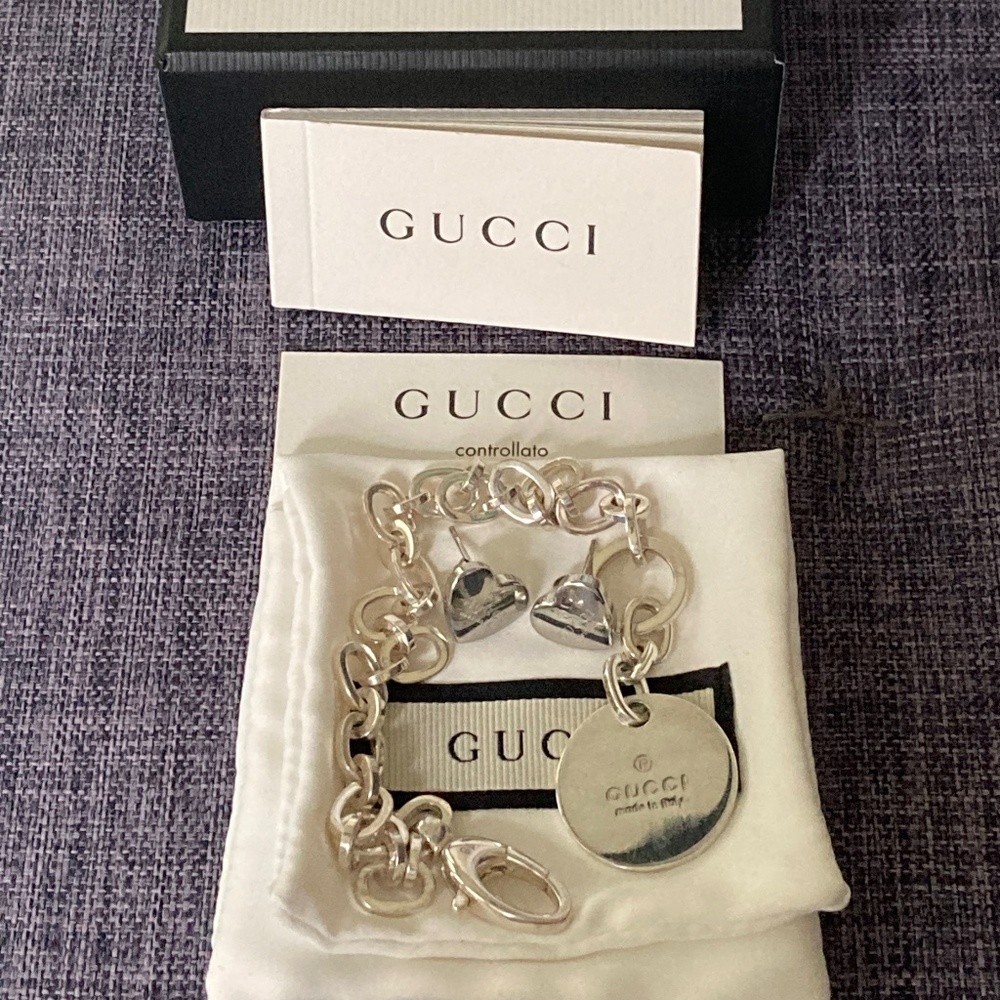 Authentic GUCCI Sterling Bracelet and Stainless Steel Heart Studs